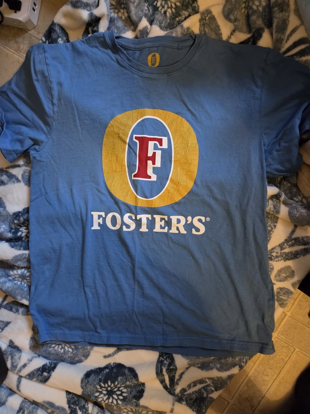 Lucky Brand Blue Foster's Logo Tee with Red & Gold Detail